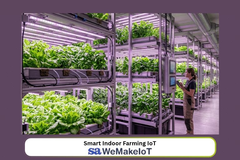 Smart indoor farming system with grow LEDs and automated irrigation controlled by an ESP32 device